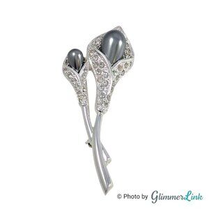 VTG Edith Vanderbilt Calla Lilies Faux Pearl Pave Rhinestone Silver Tone Brooch